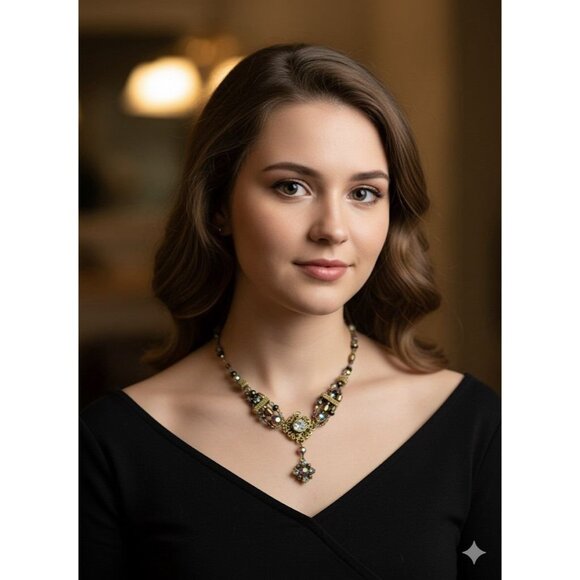 Victorian Style Choker Necklace Gold Tone Black Iridescent Crystal Statement - Picture 1 of 9